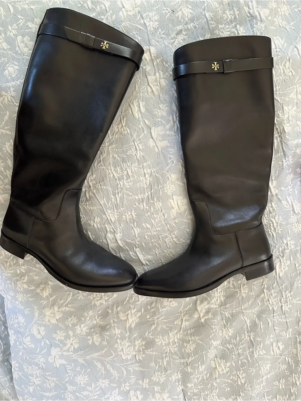 Tory Burch Black Tall Leather Riding Boots with Logo Strap